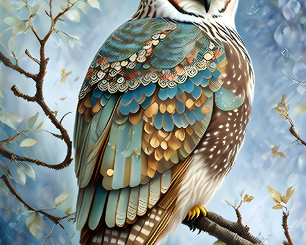 Detailed Owl Illustration with Patterned Feathers on Branch in Blue Background