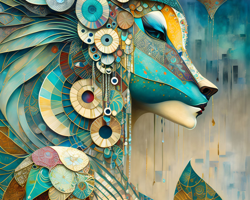Colorful Wolf Profile Artwork in Blues, Golds, and Teals