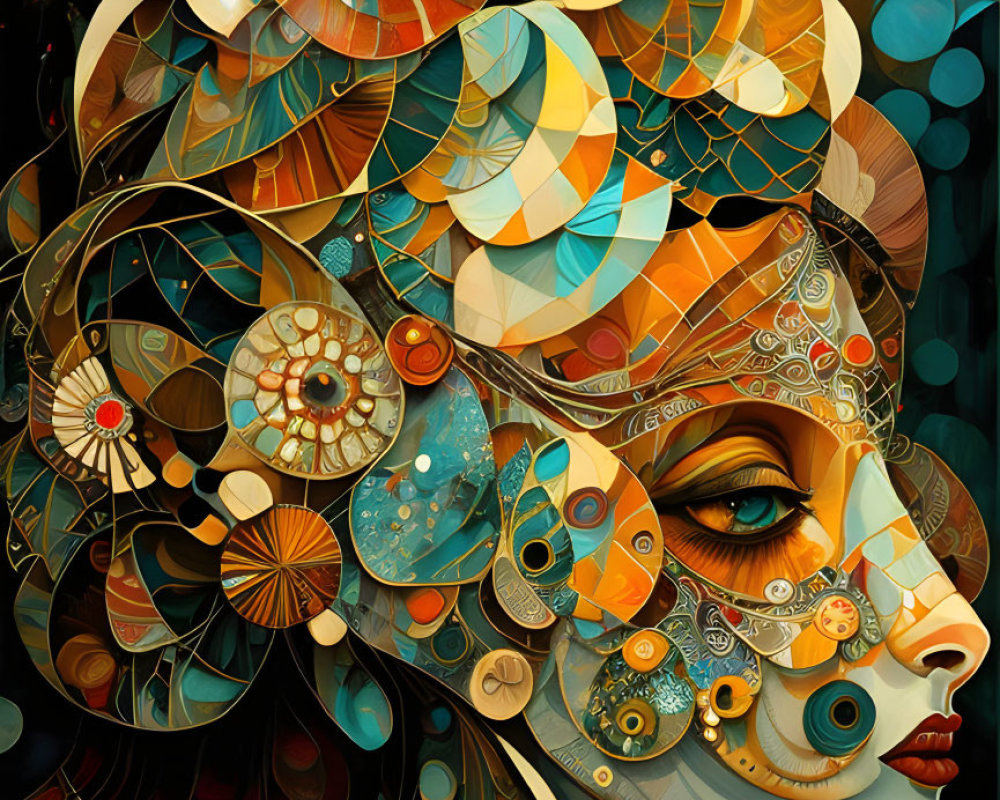 Detailed Woman's Profile with Abstract Geometric Shapes in Earthy Tones