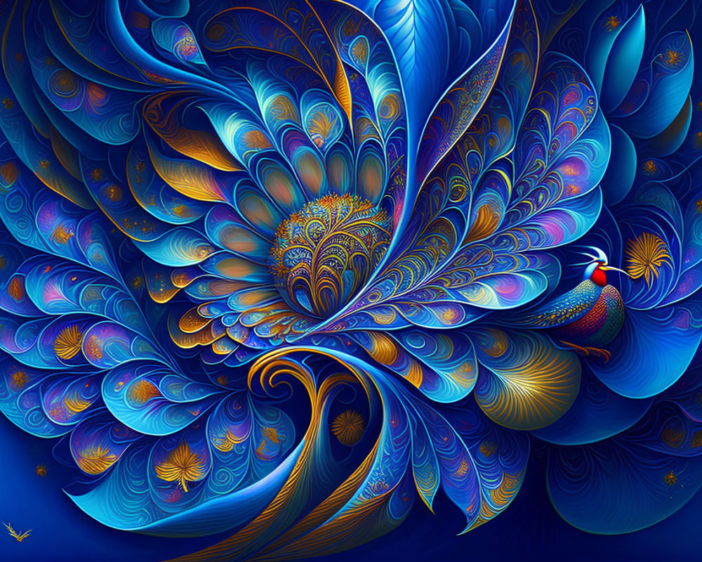 Colorful digital artwork: Peacock-inspired design in blue, gold, and turquoise