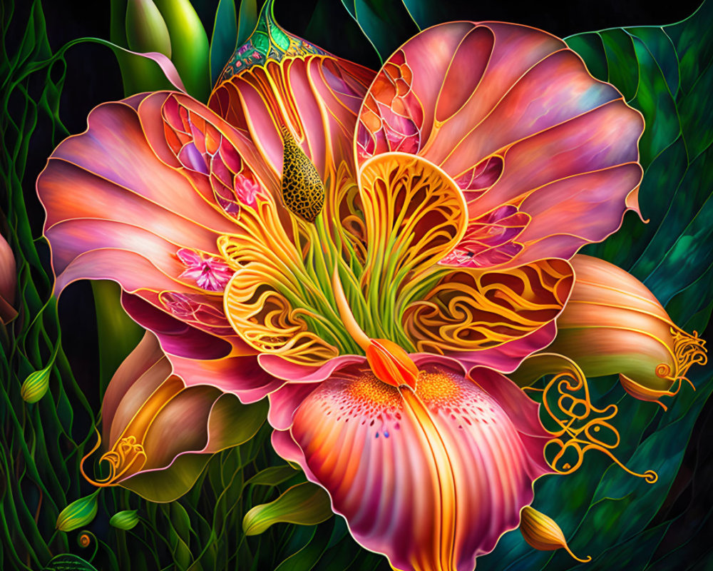 Detailed Digital Painting of Vibrant Flower in Pink, Orange, and Yellow
