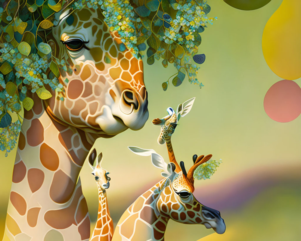Whimsical giraffes with floral patterns on soft-focus background