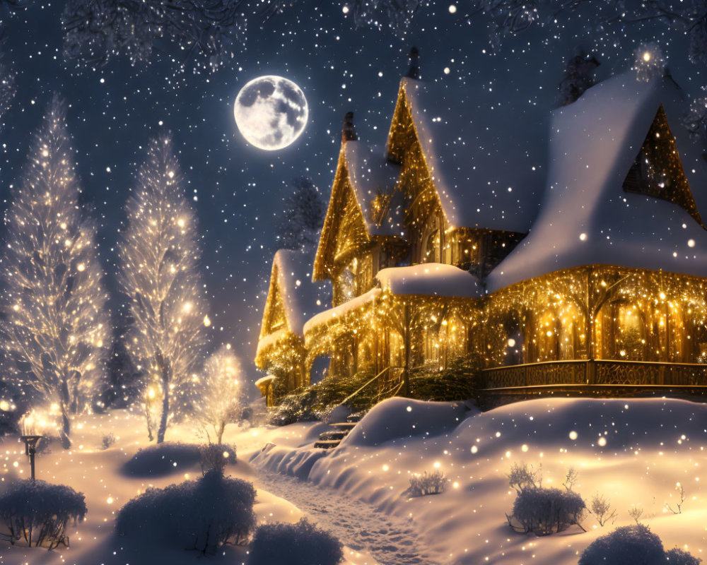 Snowy landscape with cozy house and full moon