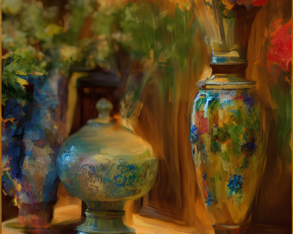 Blue and Orange Floral Arrangement with Ornate Vase and Lidded Urn