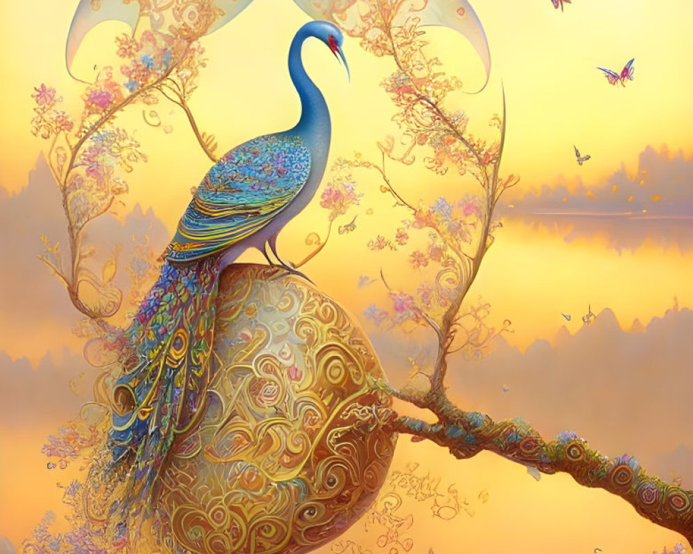 Colorful peacock on ornate orb with butterflies and foliage in golden-orange setting.