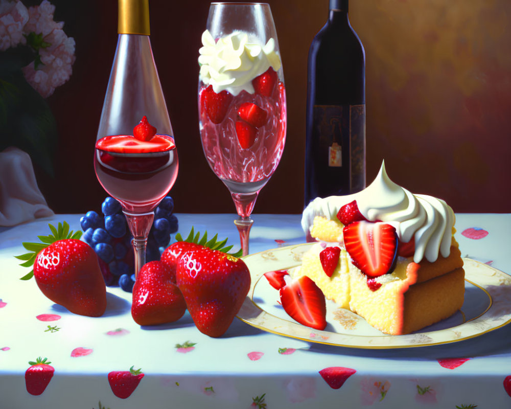 Ripe strawberries, grapes, wine bottle, glass, champagne flute, dessert with cream