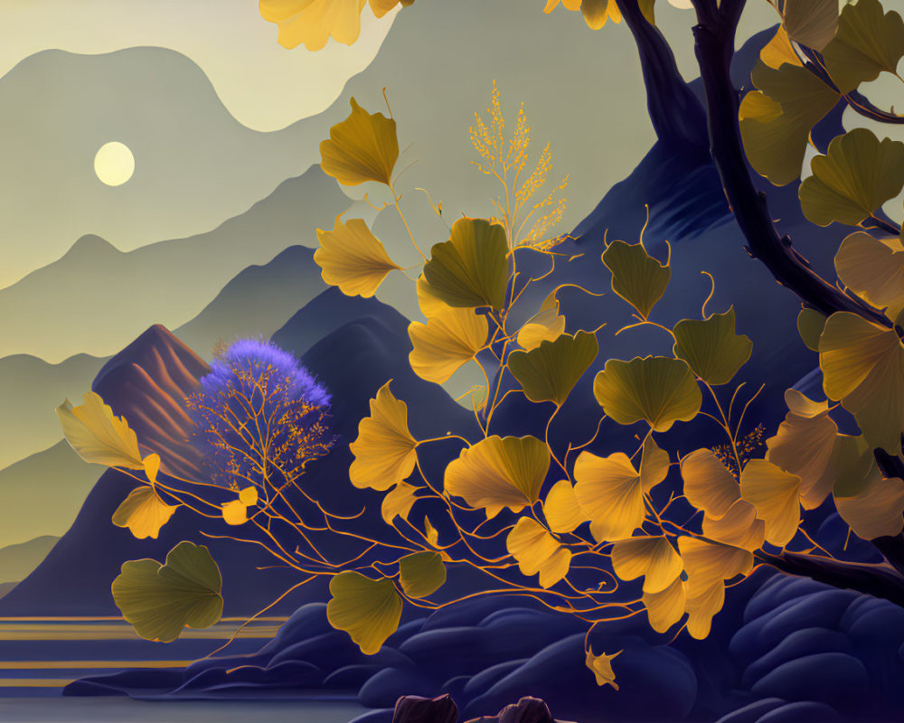 Tranquil landscape with yellow trees, purple flora, rolling mountains, and serene sunset