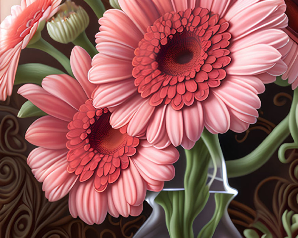Detailed Pink Gerbera Daisies Digital Painting in White Vase