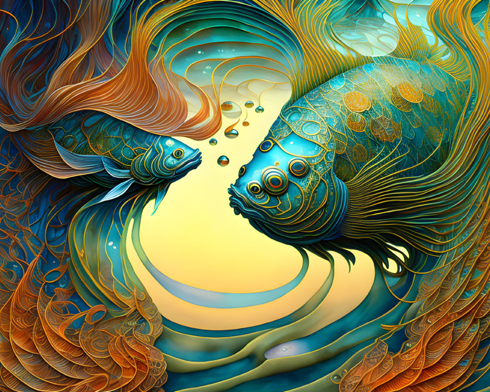 Colorful Digital Art: Ornate Fantastical Fish in Surreal Underwater Scene