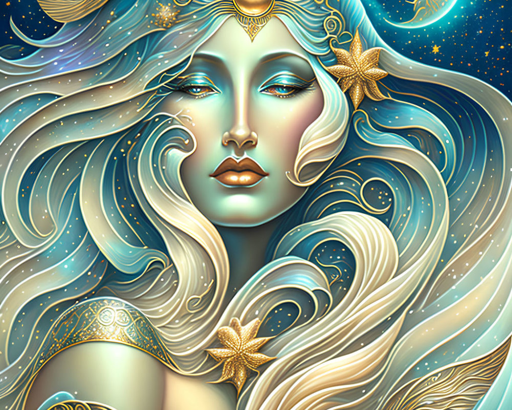 Celestial woman portrait with flowing hair and star motifs on starry background