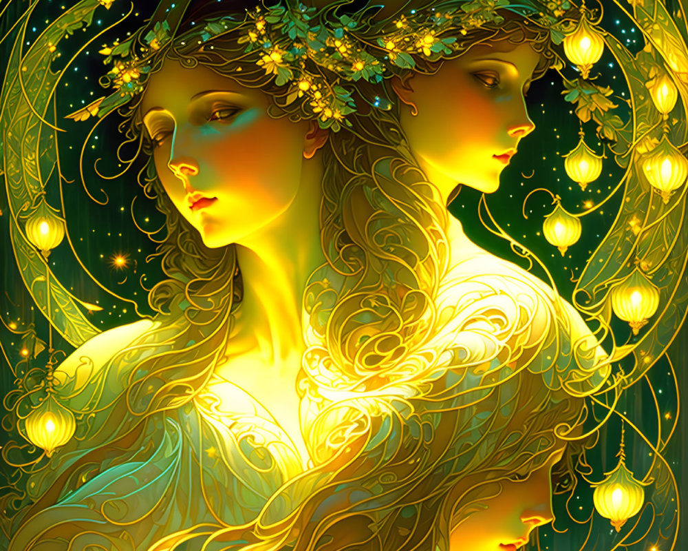 Ethereal women with golden headdresses in celestial setting