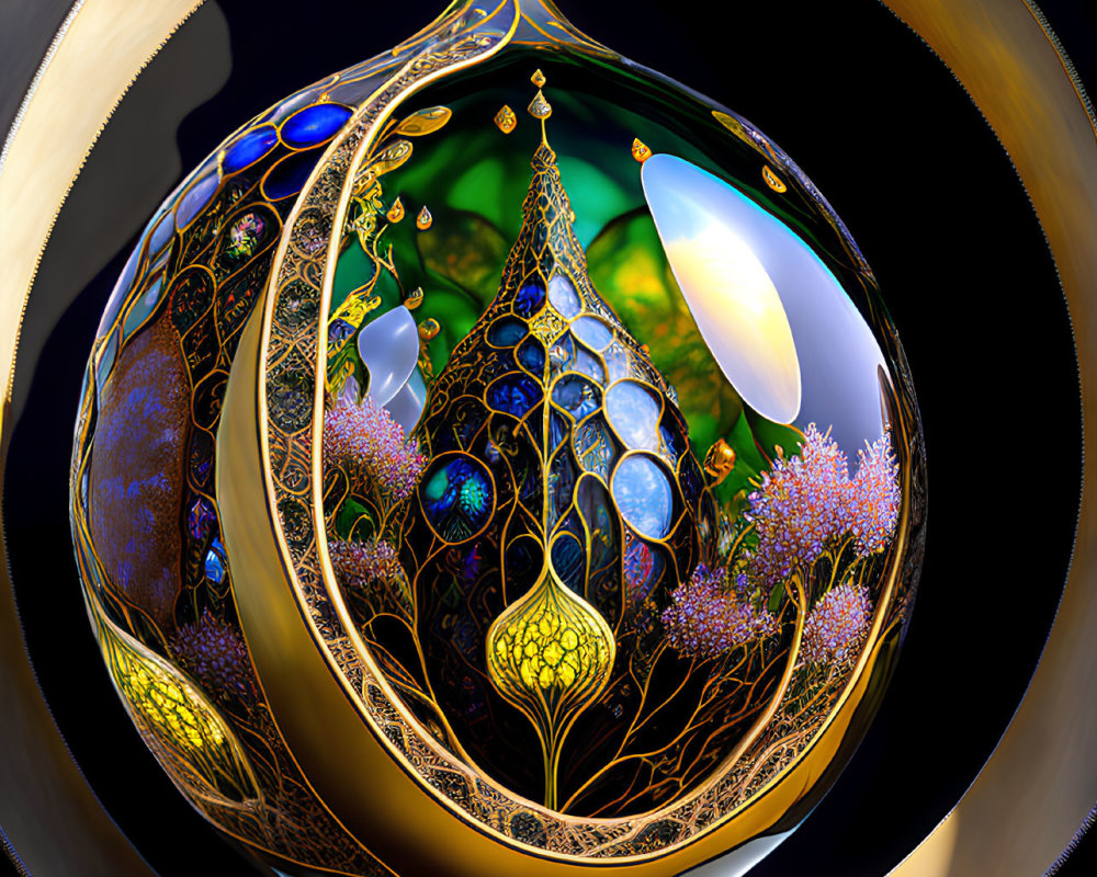 Intricate fractal design with golden patterns in dark space