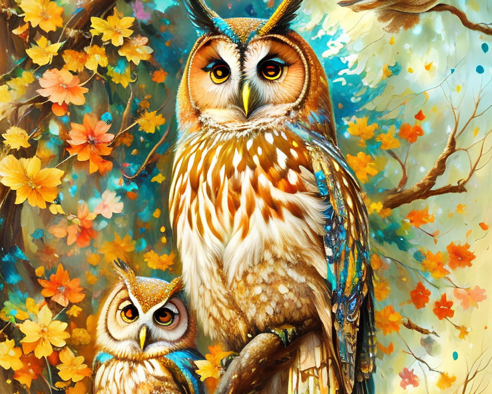 Colorful Owls and Luminous Bird in Magical Forest Scene