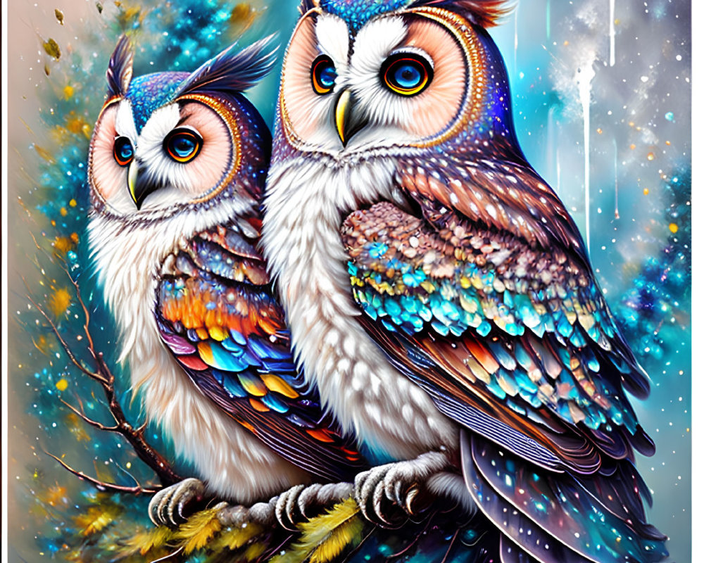 Colorful Stylized Owls Sitting Together Against Artistic Background