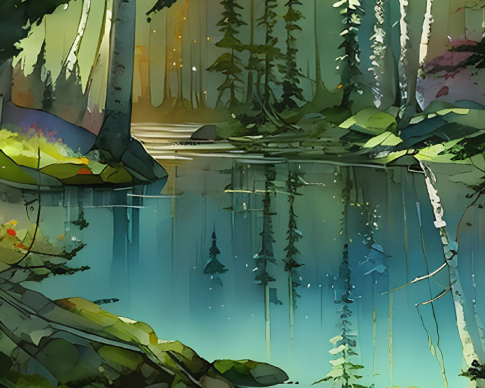 Vertical Forest Scene: Serene Lake, Lush Greenery, Waterfall