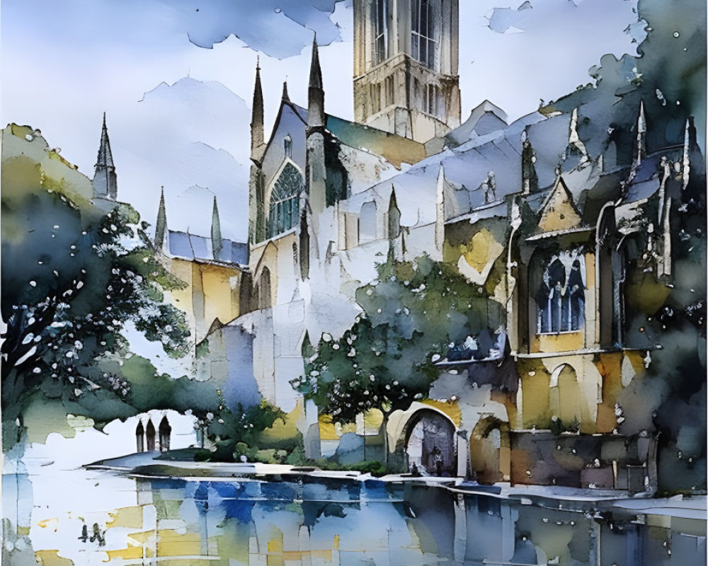 Gothic Cathedral Watercolor Painting with Blue Sky & Clouds