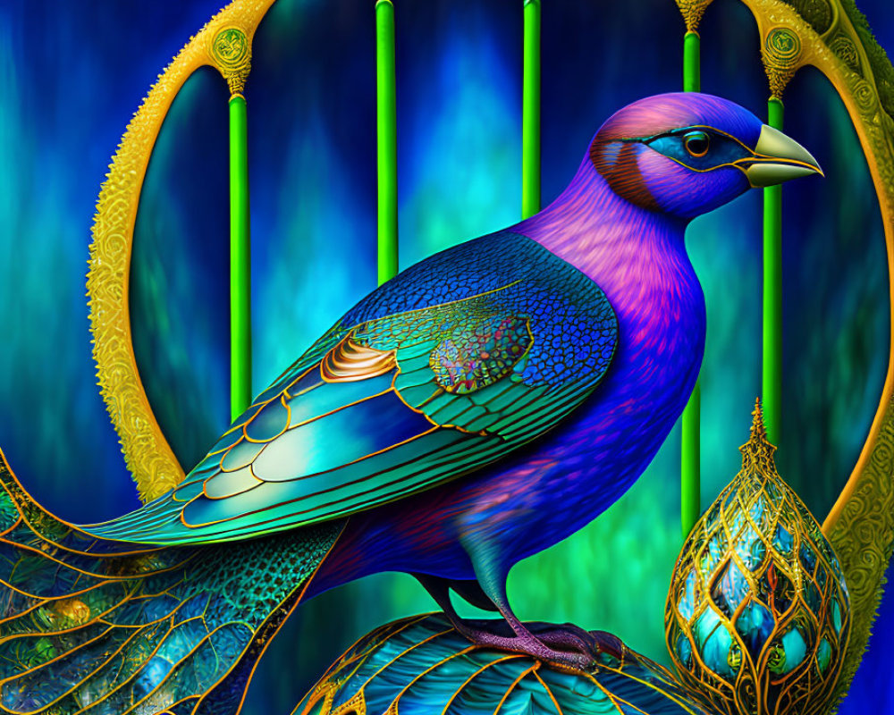 Colorful digital artwork: stylized peacock on golden architecture