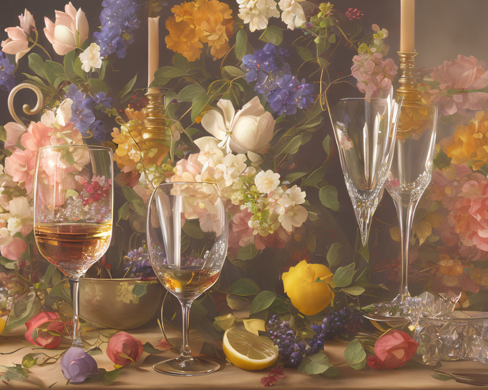 Classic Still Life with Wine Glasses, Candle, Flowers, and Fruit