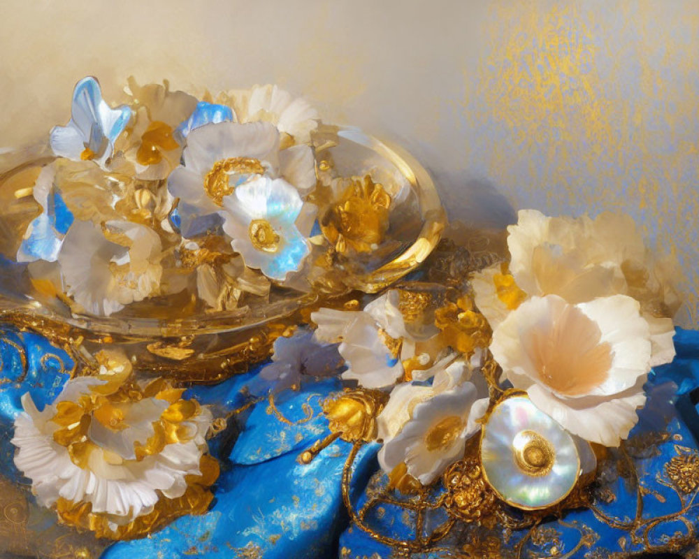 Artificial flowers with pearl centers on blue fabric with golden patterns and clear glass orbs