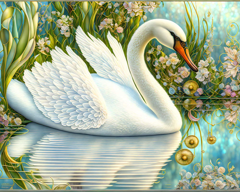 Graceful Swan in Tranquil Blue Lake with Golden Baubles