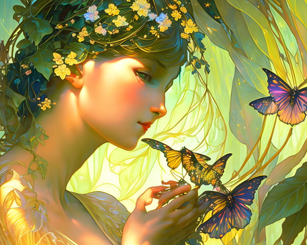Illustration of woman with floral crown, butterflies, and glowing vines in magical setting
