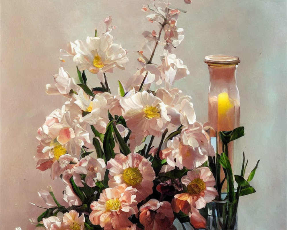 Delicate pink and white flowers with lit candle in vase against muted background