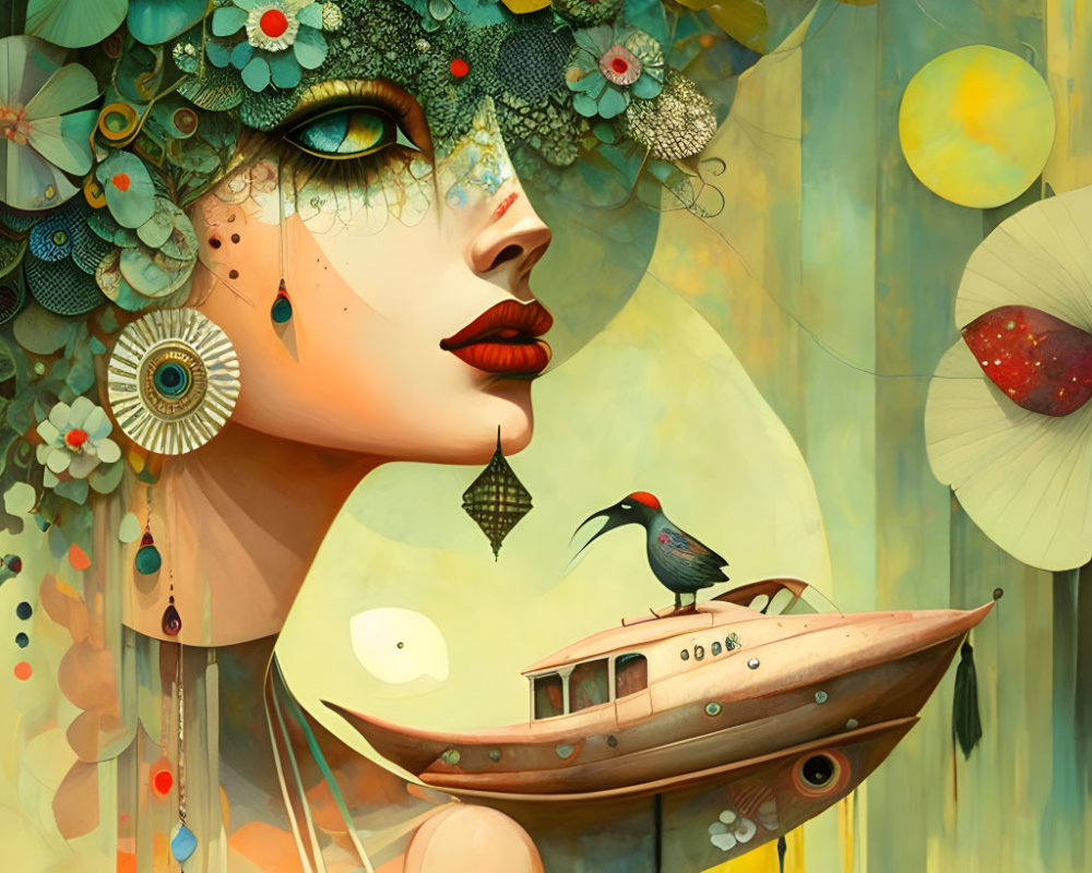 Colorful painting of woman with floral headdress and bird on boat