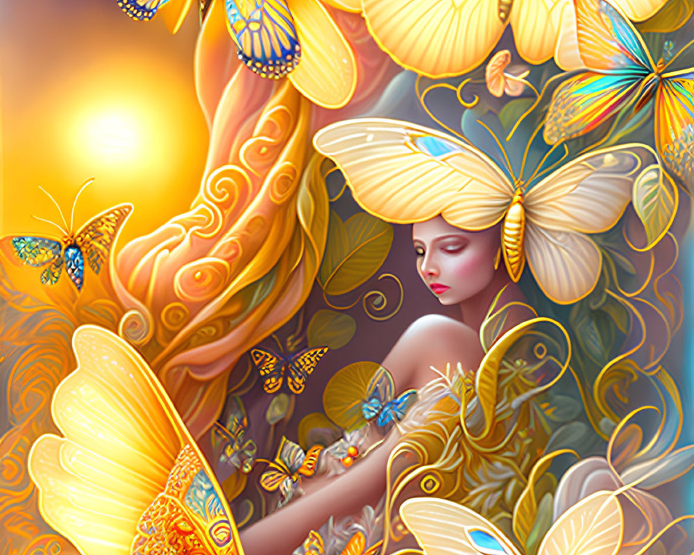 Colorful Butterfly Artwork Featuring Woman in Surreal Setting