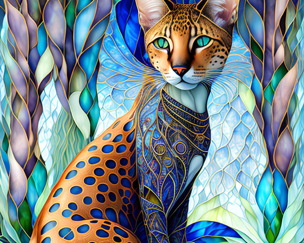 Colorful Stylized Cat Illustration with Blue Mosaic Background