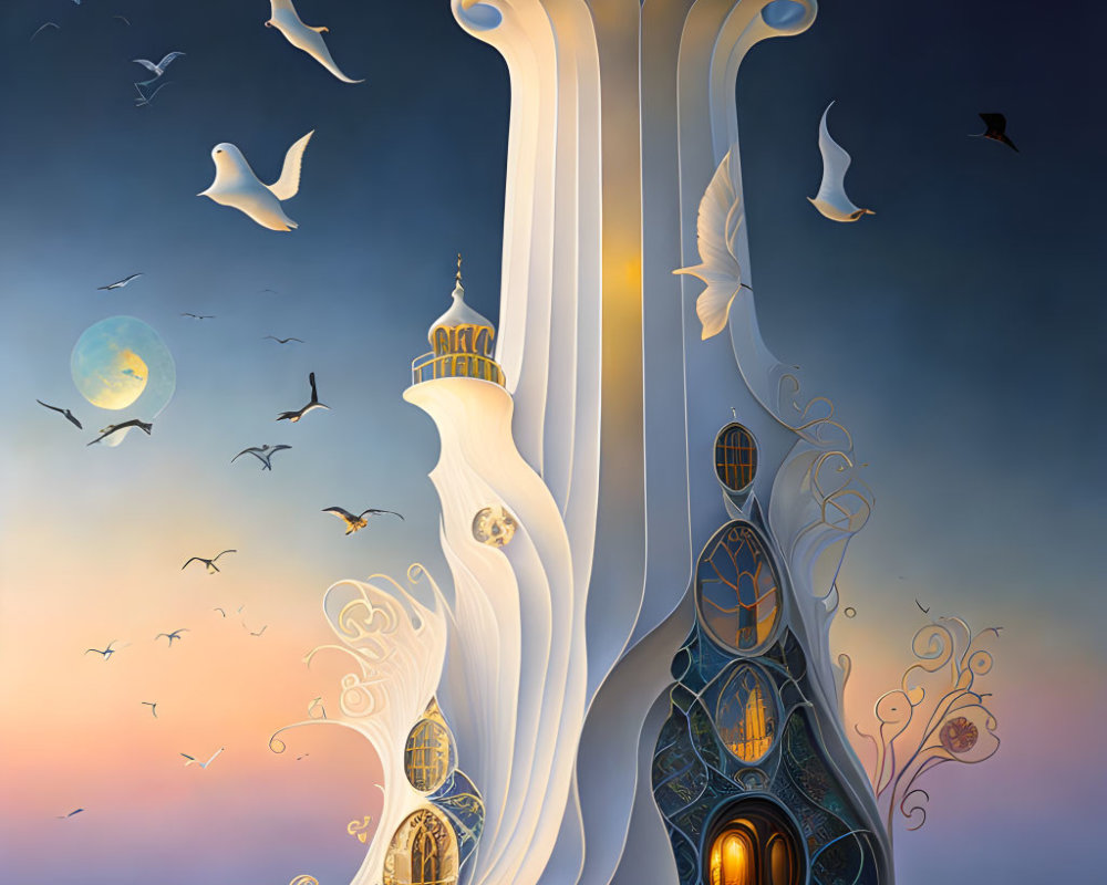Tall whimsical tower with ornate details in twilight sky