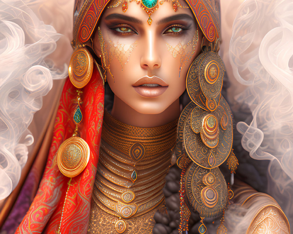 Woman with ornate golden jewelry, colorful headscarf, teal bindi, and detailed makeup in