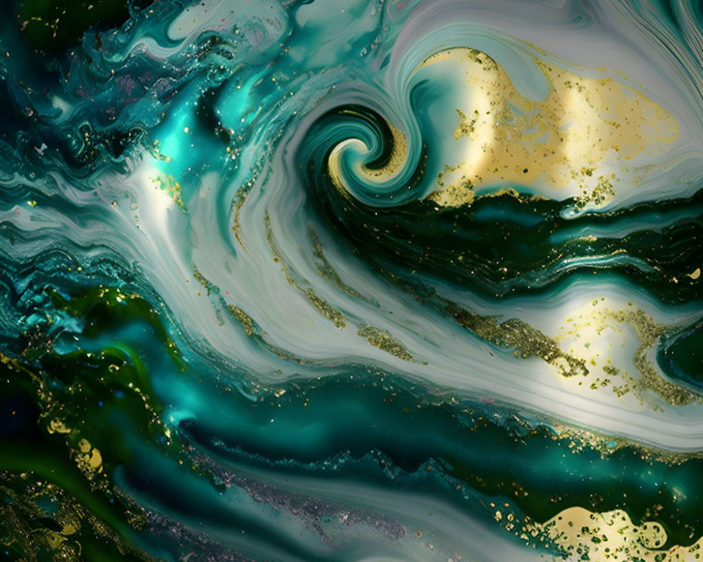 Abstract Emerald Green and Gold Swirl with Marbled Effect