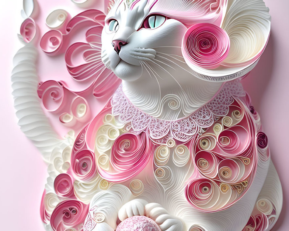 White Cat Illustration with Pink Paper Art Swirls on Light Pink Background