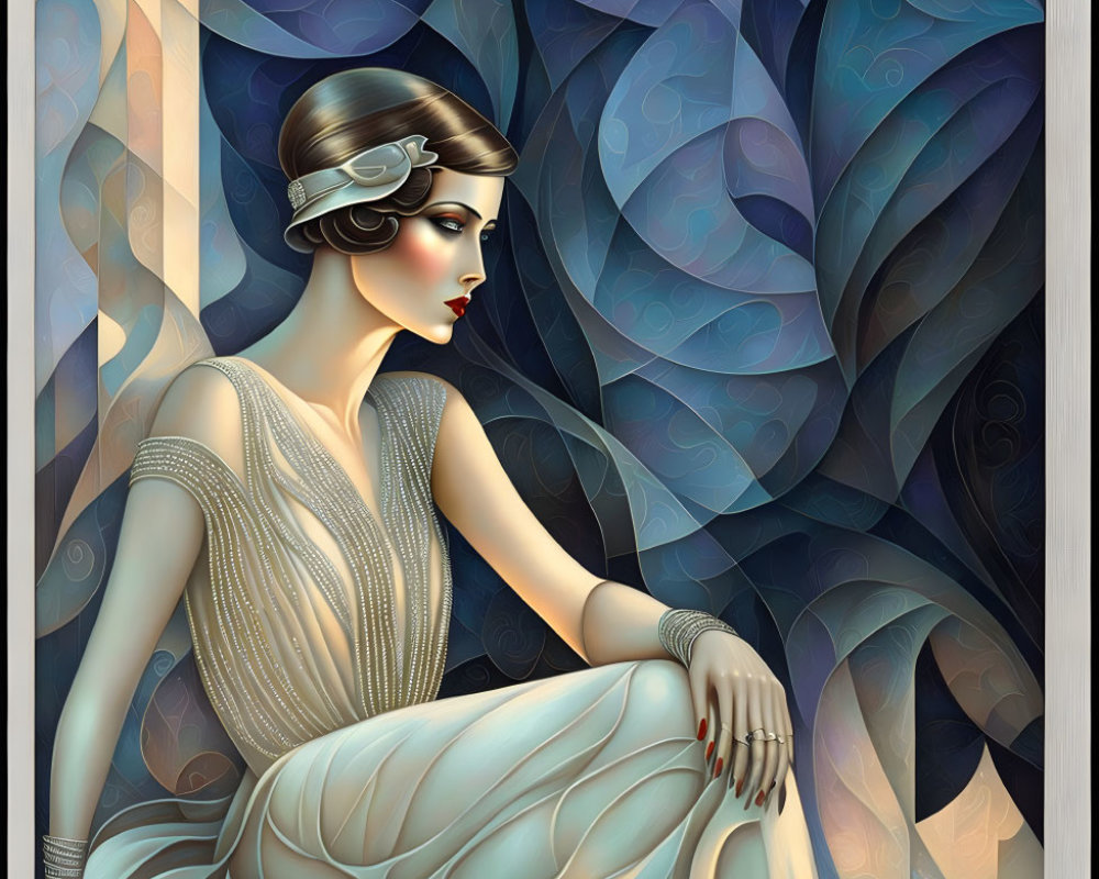 Art Deco Style Woman Illustration in 1920s Fashion Against Blue Leafy Background