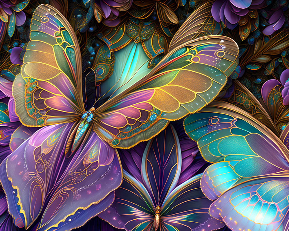 Colorful Digital Art: Golden Butterflies on Intricate Flora Background