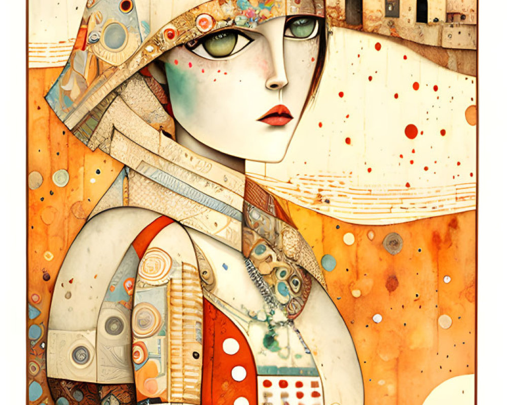 Whimsical patchwork woman with cat in townscape illustration