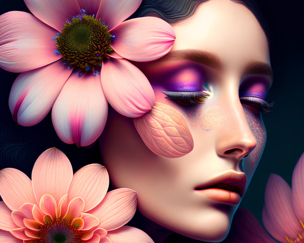 Vibrant floral-themed digital artwork of a woman with striking makeup