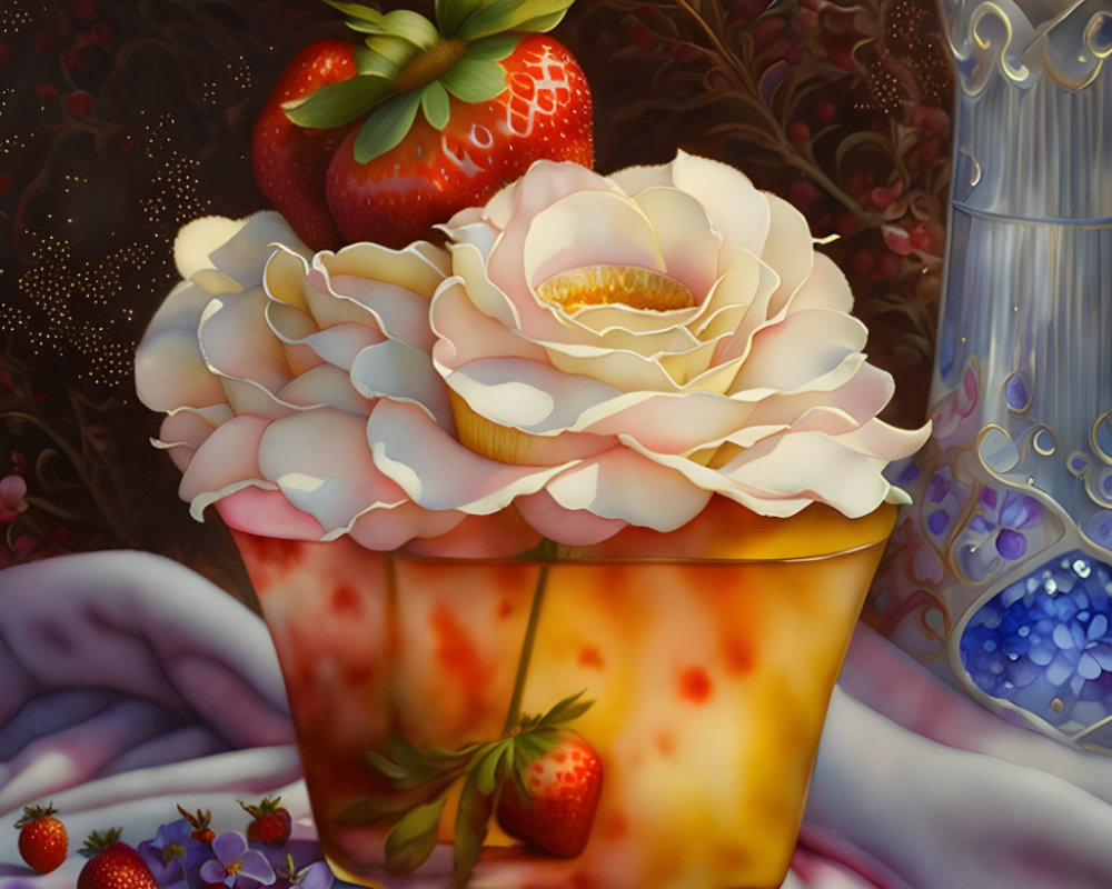 Colorful dessert cup with rose, strawberries against elegant backdrop.