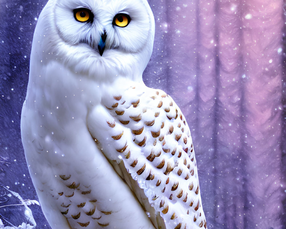 Snowy owl perched on stump in wintry forest with falling snow