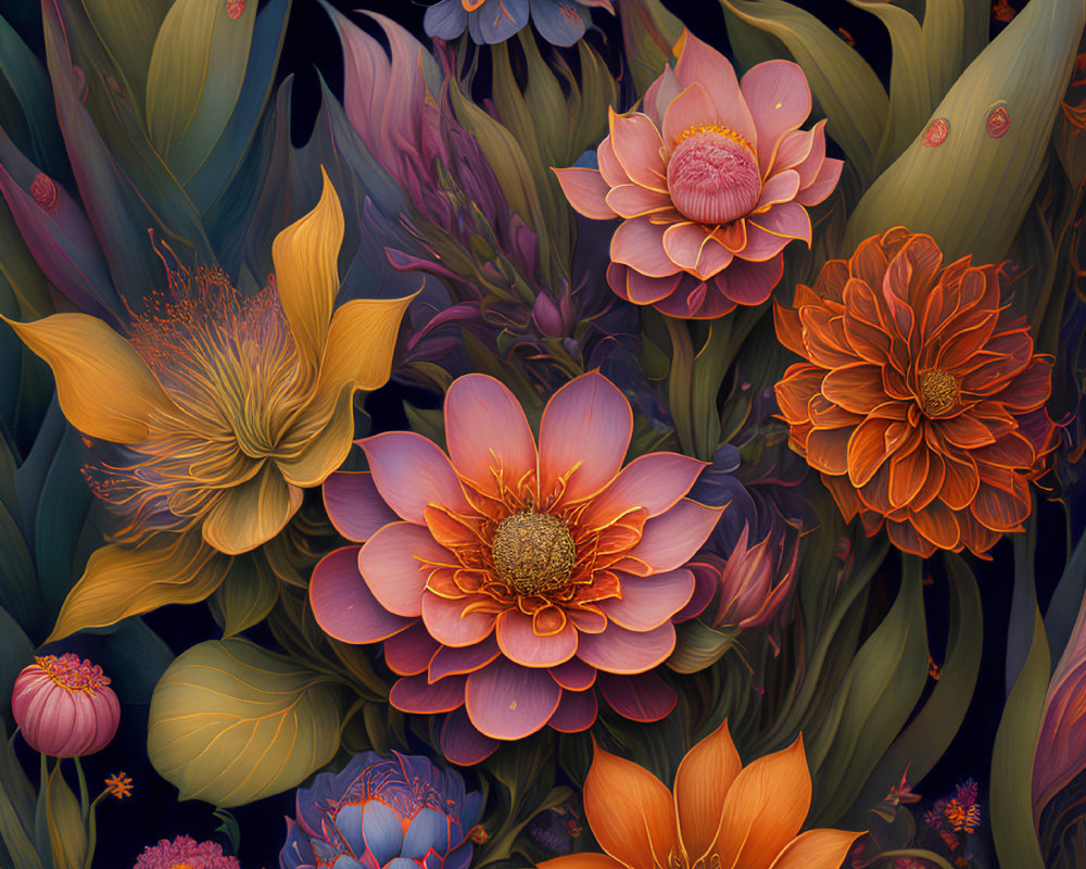 Colorful Floral Illustration in Orange and Pink on Dark Background
