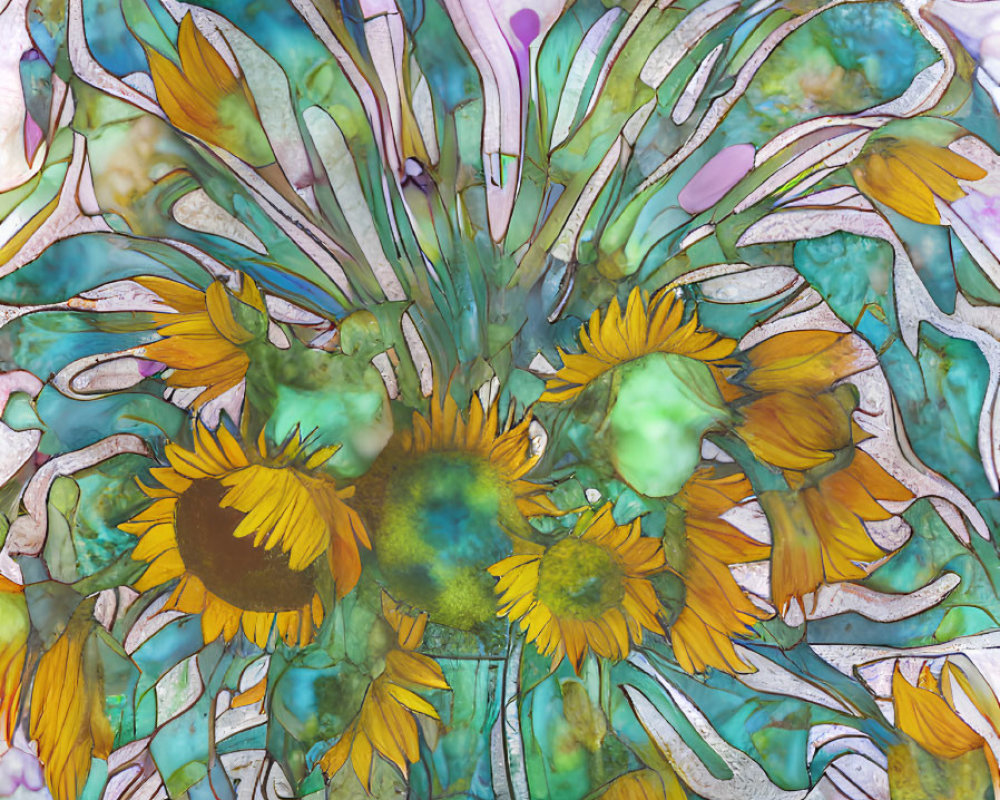 Colorful Sunflower Artwork in Translucent Vase with Abstract Background