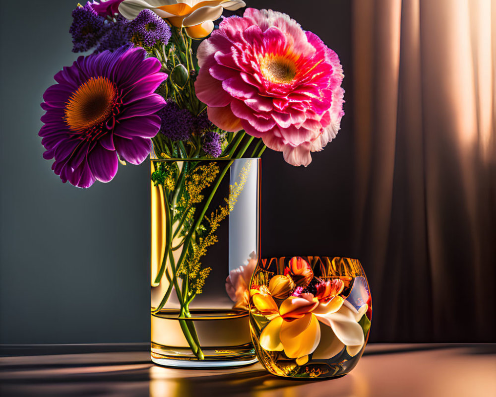 Vibrant flowers in glass vase by sunlit window