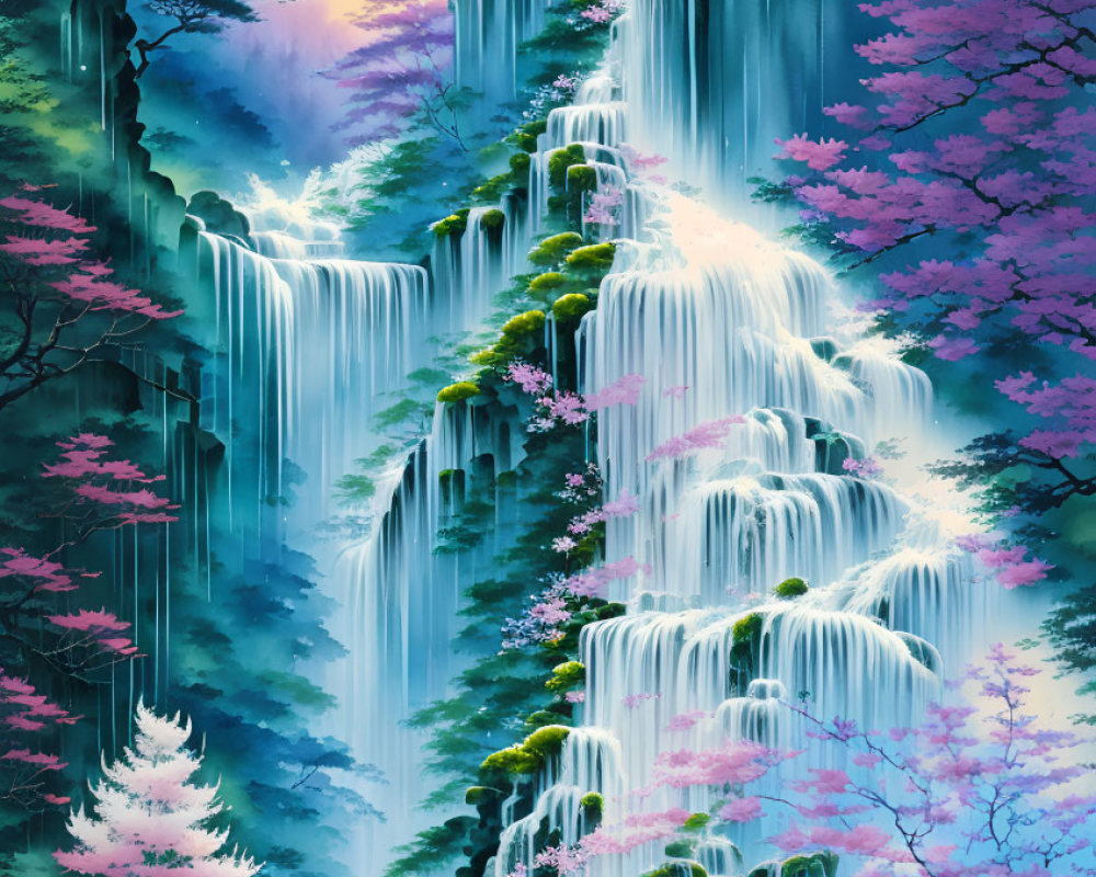 Illustration of cascading waterfall with Asian pagoda and cherry blossoms