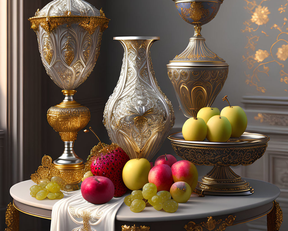 Luxurious Golden Tableware and Fresh Fruits on Elegant Table with Classical Decor