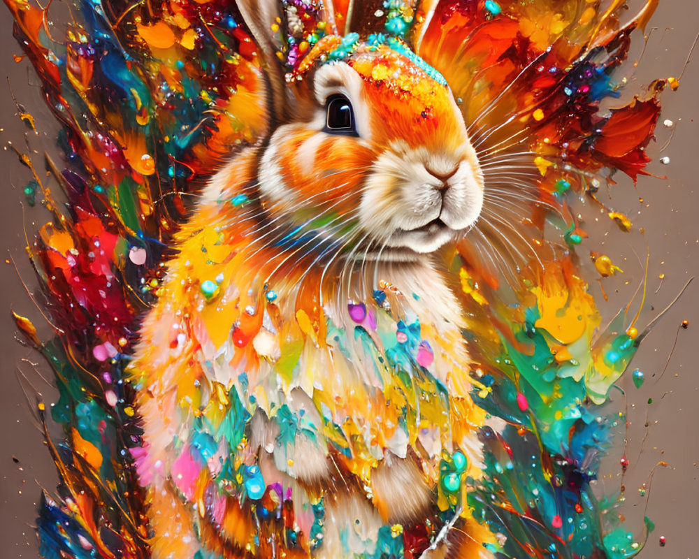 Colorful Rabbit Painting with Rainbow Hues and Glitter Accents