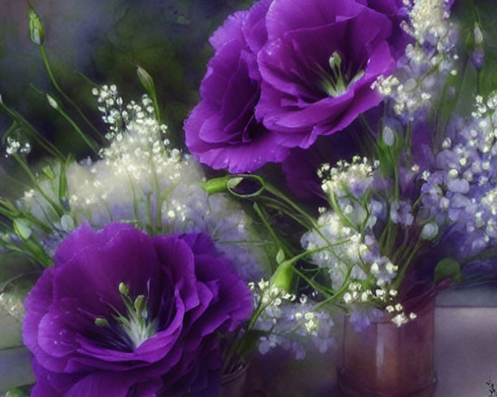 Purple Eustomas and White Baby's Breath in Glass Vase on Moody Background