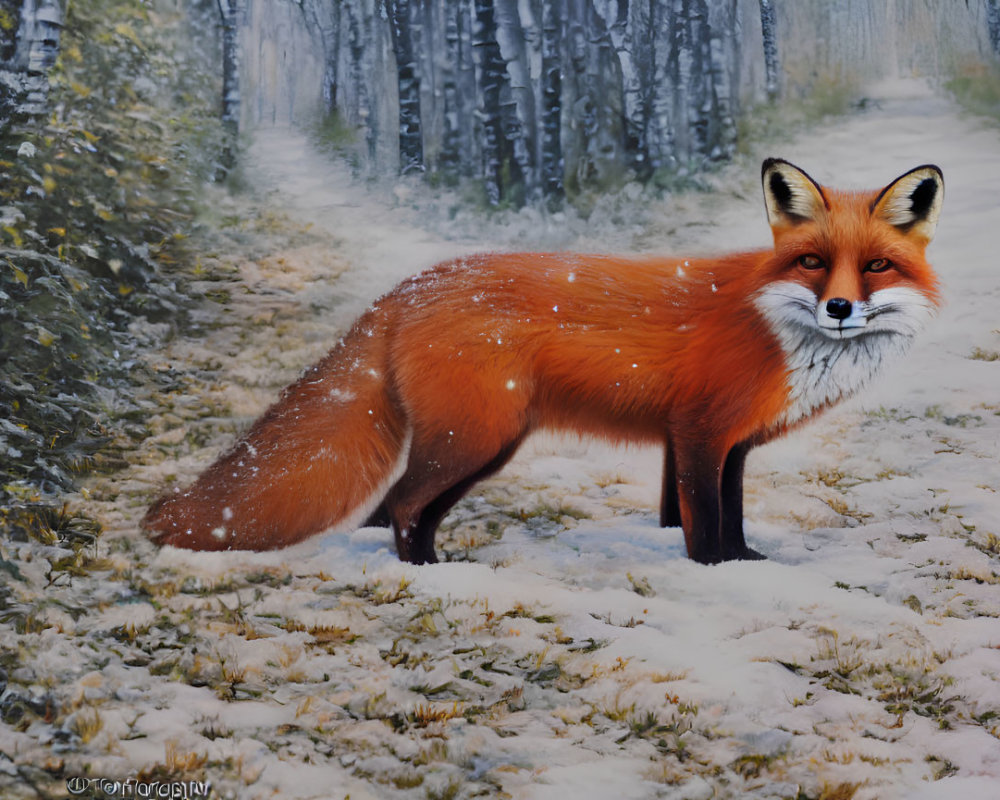 Red fox in snowy forest clearing with falling snowflakes and white-barked trees