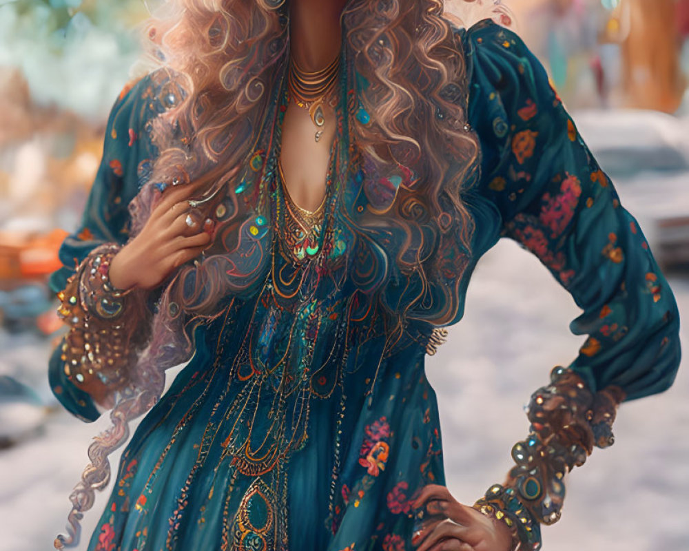 Illustration of woman with curly blond hair in ornate teal and gold attire on street