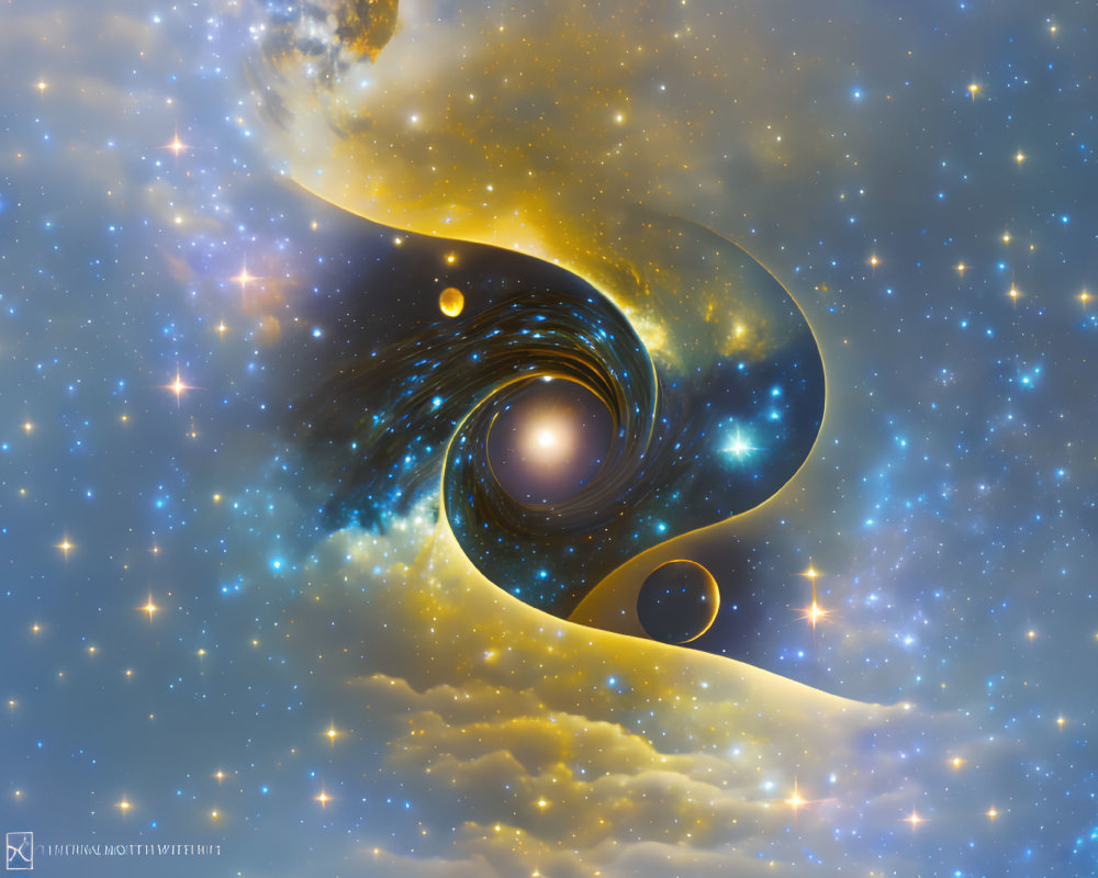 Abstract cosmic digital artwork of swirling stars and galaxies in yin-yang motif