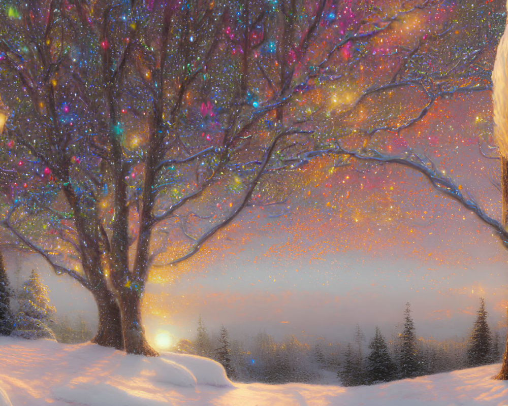 Winter landscape with glowing sunset and twinkling lights